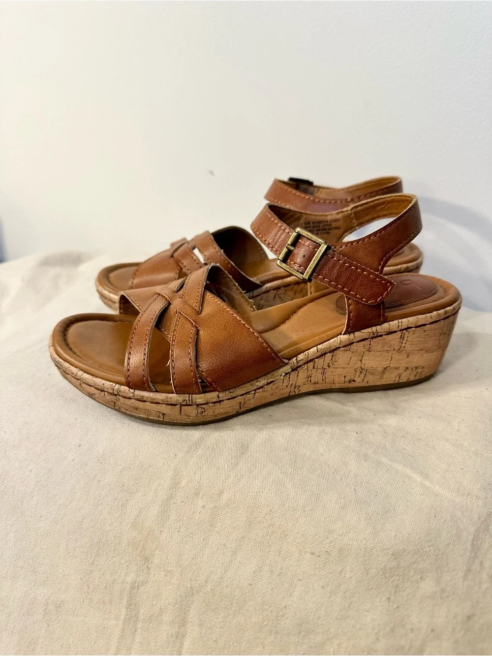 b.o.c. Tan Brown Leather Wedge Sandals with Ankle Strap